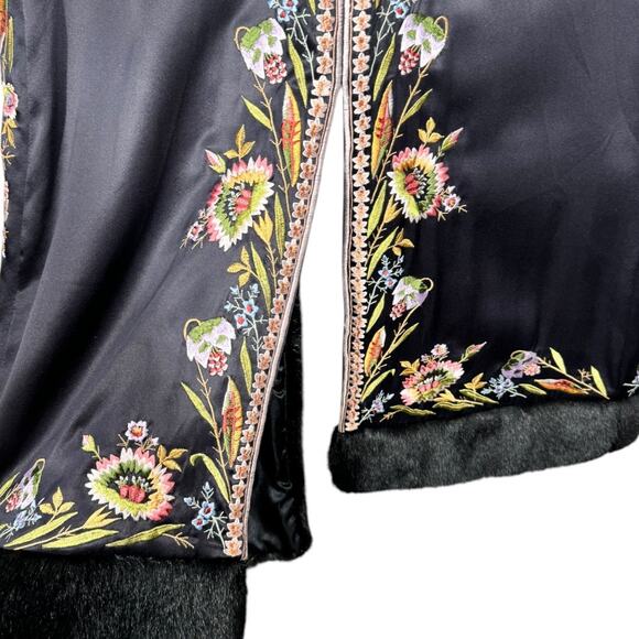 Vintage Sue Wong Floral Embroidered Silk Duster Coat 4 Faux Fur Long Black - Picture 7 of 8